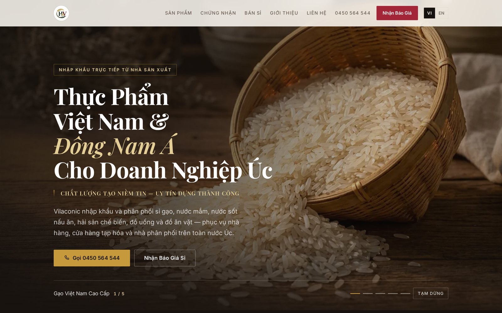 Screenshot of the Hung Vinh Asian Food website homepage, a bilingual wholesale food importer site